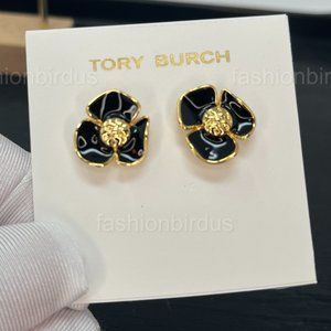 Tory Burch Fleur Logo Stud Earrings in Midnight Black (NWT)